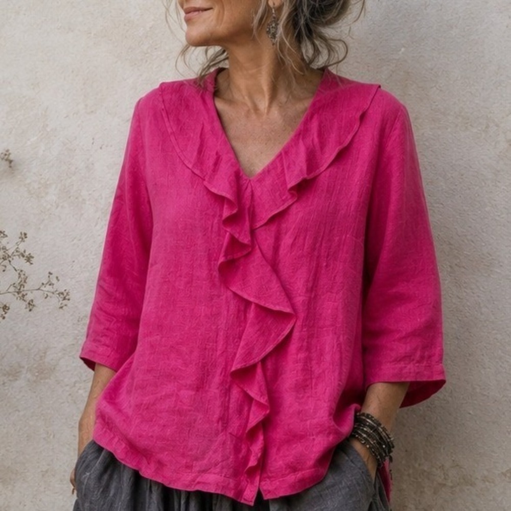Mosaic USA M Blouse Ruffle Front Fuchsia Pink 100% Linen 3/4 Sleeve V-Neck #565